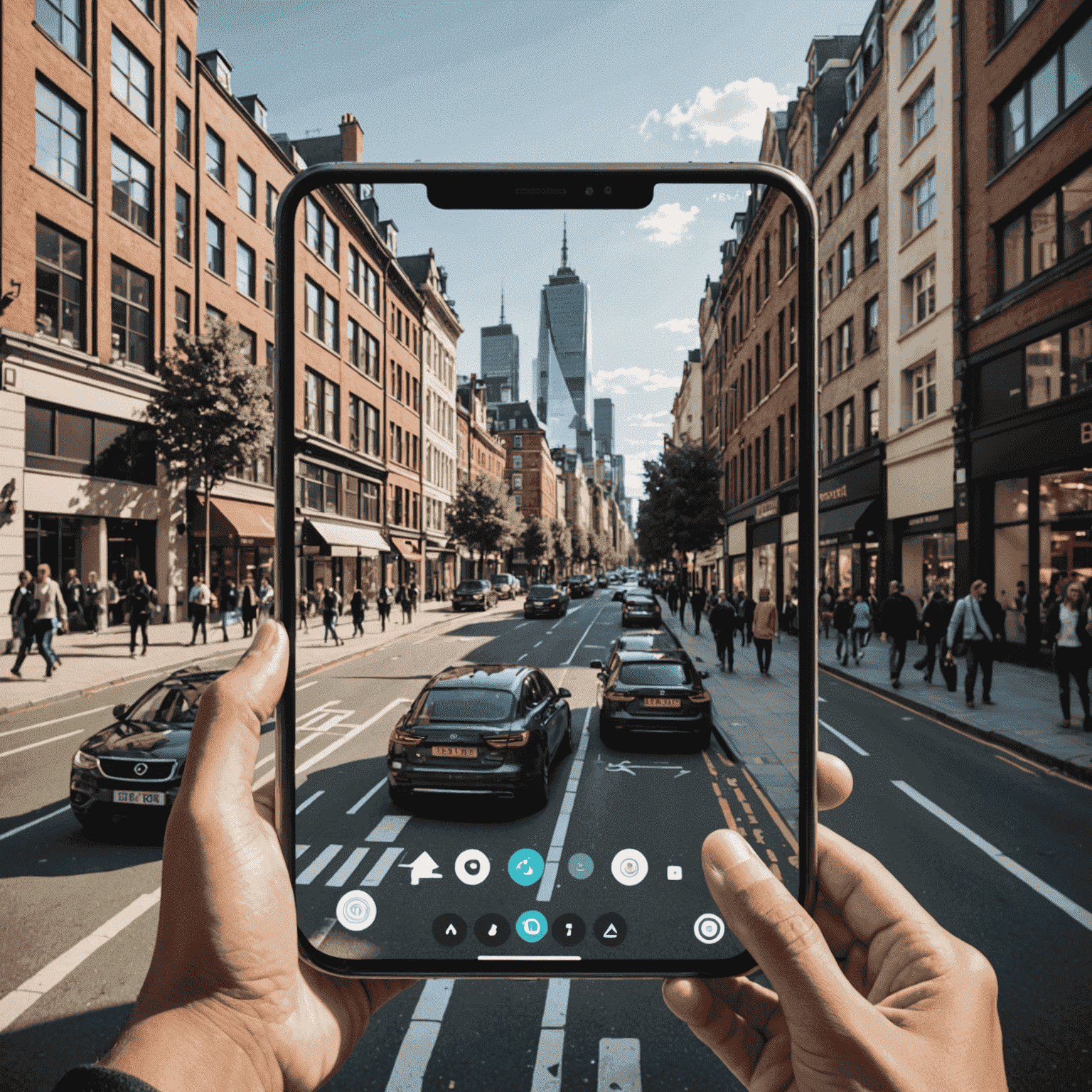 صورة لتطبيق الواقع المعزز يظهر مشهدًا حضريًا مع عناصر رقمية مضافة